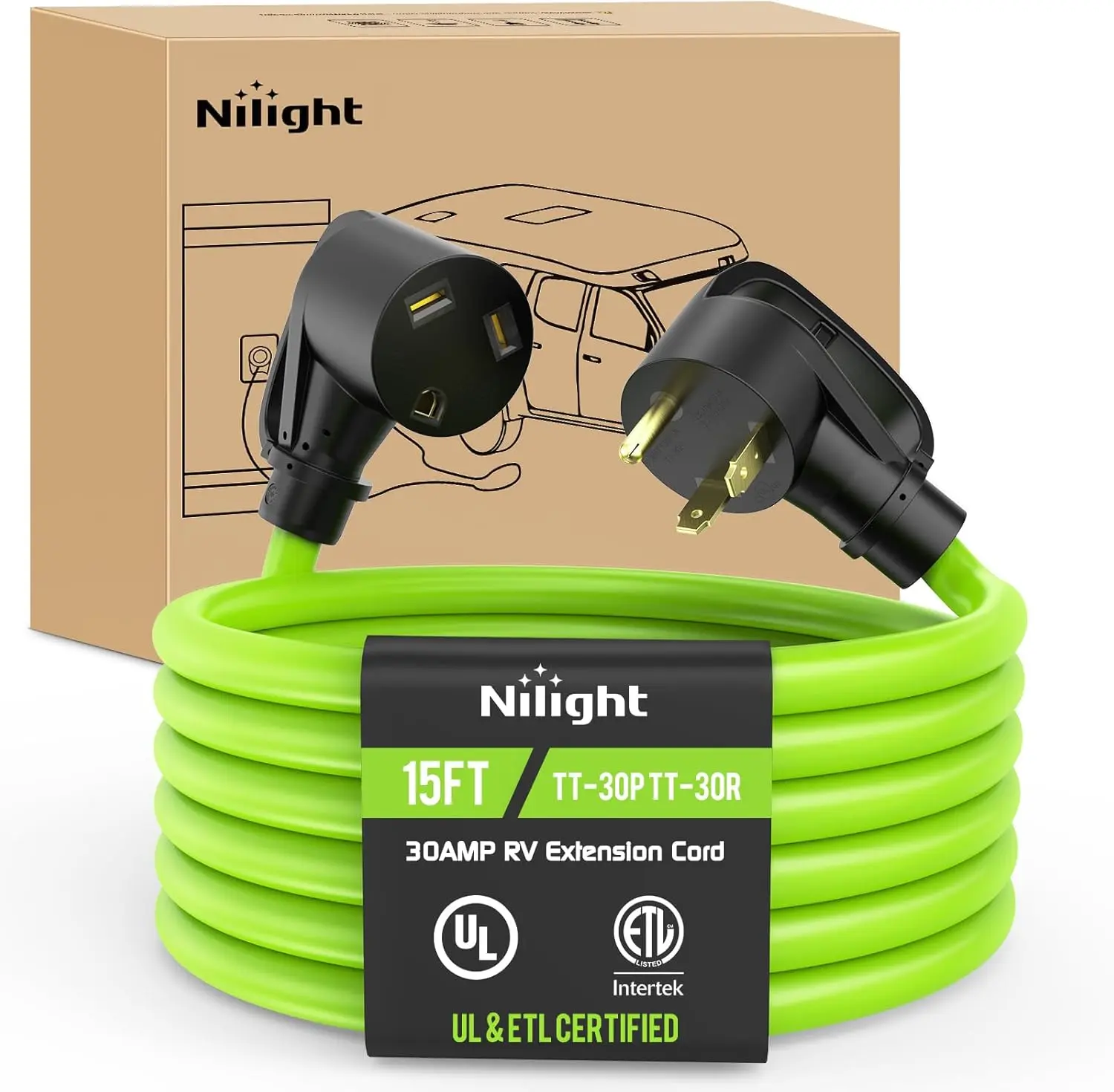Nilight Heavy-Duty Fluorescent RV Extension Cord with Cable-Wired Cord Reels, 30A 125V, 15ft 10/3 Gauge Pure Copper Twisted STW Wire, UL ETL Listed 3-Prong TT-30P TT-30R, Weatherproof Bright Green Organizer-Included for Campers