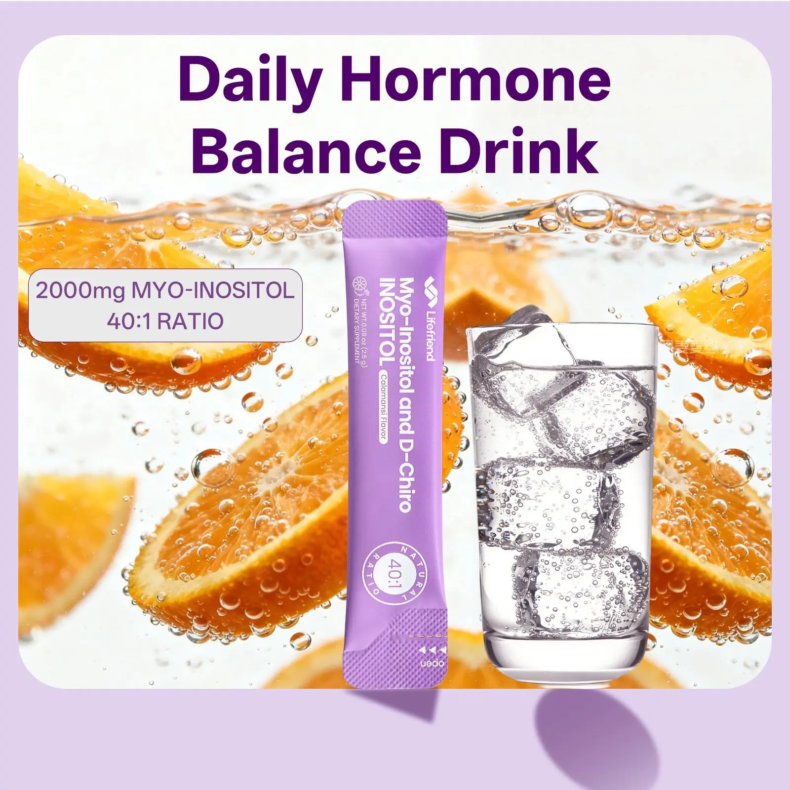 Lifefriend Women's Hormone Balance Dietary Supplement Drink Mix, 7 Single Sticks - Calamansi Flavor Inositol Powder with 2000mg Myo-Inositol + D-Chiro (40:1 Ratio), Vitamin D, Folate, Cycle Support, Prop 65 Safe, Edible
