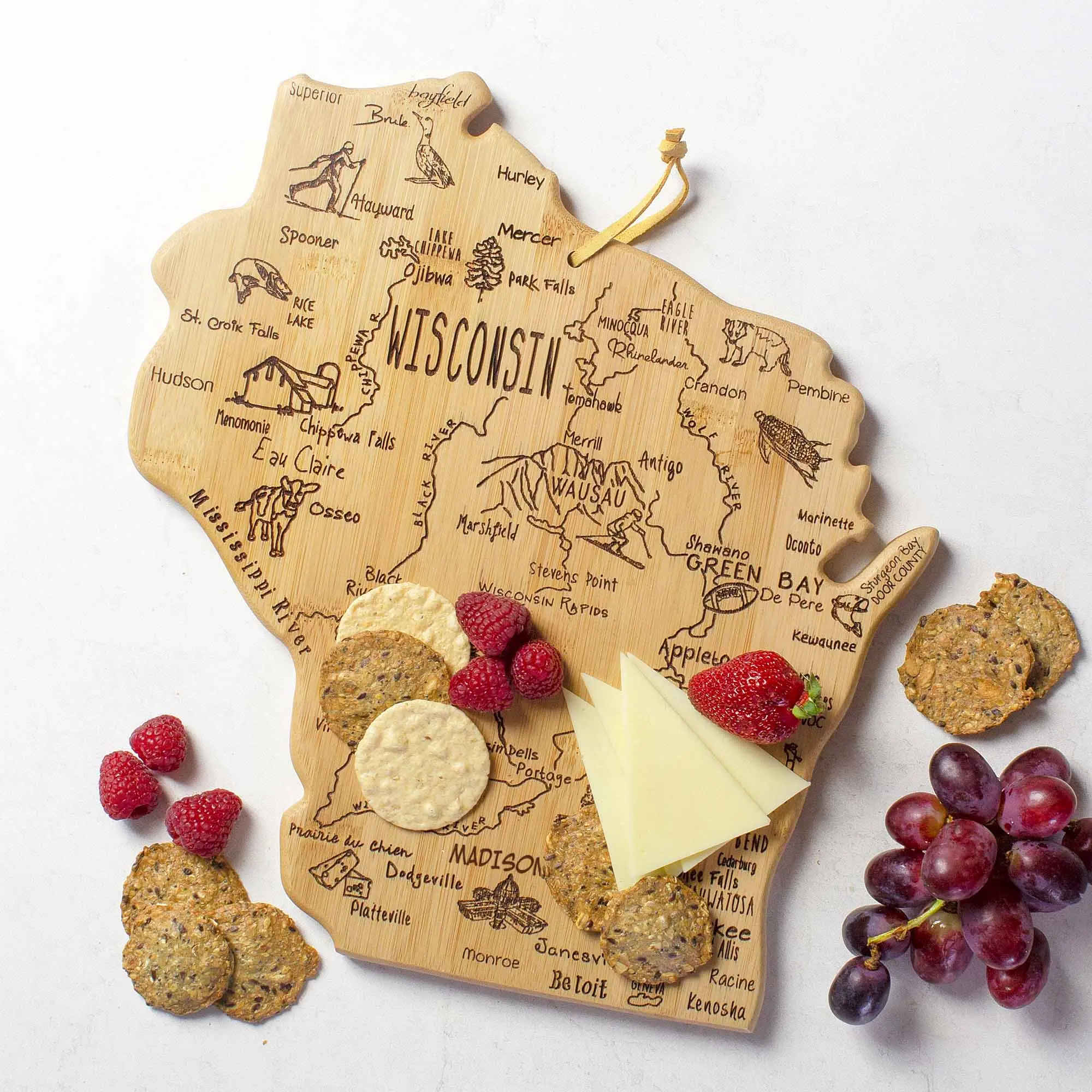 Totally Bamboo Destination Wisconsin State Shaped Serving and Cutting Board, Includes Hang Tie for Wall Display