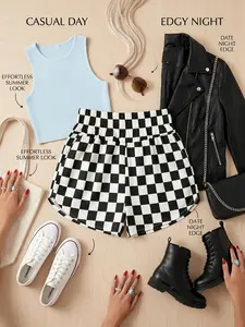Women's High Waisted Checkerboard Shorts Casual Elastic Waist Summer Plaid Short Pants with Pockets