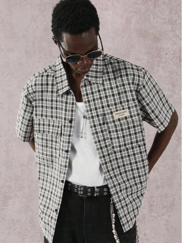PAVTROS Manfinity Streetrush Men's Black And White Plaid Short Sleeve Shirt,Summer Streetwear City Break Avant-Garde Gothic Punk Button-Up Top With Pocket