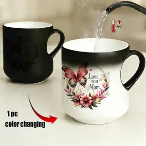 Color Changing Mug, Heart Handle Butterfly & Flowers Design, Thermosensitive Ceramic Coffee Mug, 11oz/330ML, Perfect Gift for Parties, Reusable, Funny Ceramic Mug
