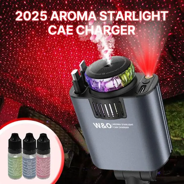 W&O 5 in 1 Starlight/Aroma Retractable Car Charger- Fast Charging Adapter with Lightning Cable, Dual Charge Ports, Aroma Feature,3*bottles Perfume Free