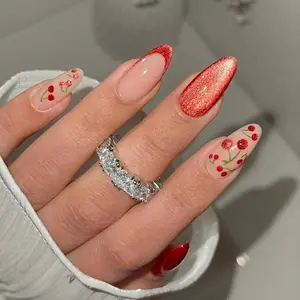 Glossy Sweet Red Edge Cherry Fake Nails With Jelly Glue & Rubbing Strip, 24pcs Removable Nail Art Kit, Artificial Full Covers For Women & Girls, Diy Nail Kit