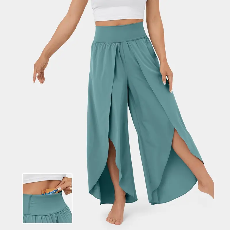 Halara Breezeful High Waisted Back Waistband Pocket Palazzo Flowy Split Wide Leg Quick Dry Casual Pants