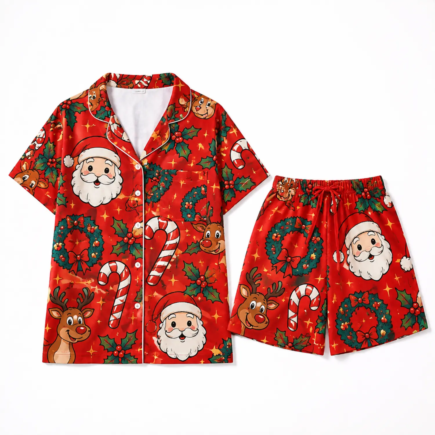 Christmas Santa Claus Print Red Short Sleeve Pajama Set with Button Front Shirt and Drawstring Shorts for Women