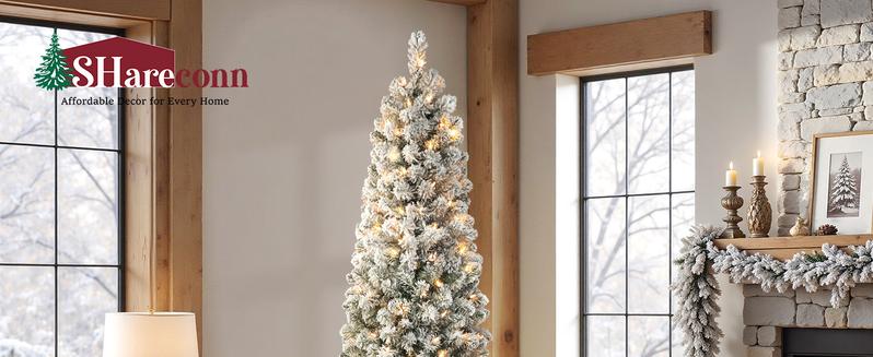 SHareconn 2025 4/ 5/ 6/ 7.5/ 9FT Pre-lit Snow Flocked Slim Christmas Tree with Warm White Lights & Dense Snow Flocked Branches, Ideal Pencil Tree Decoration SHareconn 2025 4/ 5/ 6/ 7.5/ 9FT Pre-lit Snow Flocked Slim Christmas Tree with Warm White Lights & Dense Snow Flocked Branches, Ideal Pencil Tree Decoration