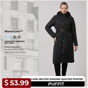 PUFFIT WarmCore Premium Long Dimond Quilted Puffer With Adjustable Belt,Lightweight Diamond Pattern,Warm and Elegant,Adjustable Waist,Effortless Style,Versatile Elegance for Commuting