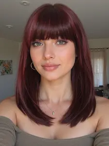 14 Inch Bobo Head Wig with Fringe with Bangs, Wine Straight Hair Design, Daily Wear Synthetic Fiber Wig for Work Life Party Cosplay Photography