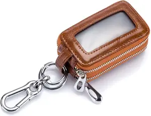 Leather Key Case Holder Unisex Women Men Double Zipper Key Holder Bag (Black)