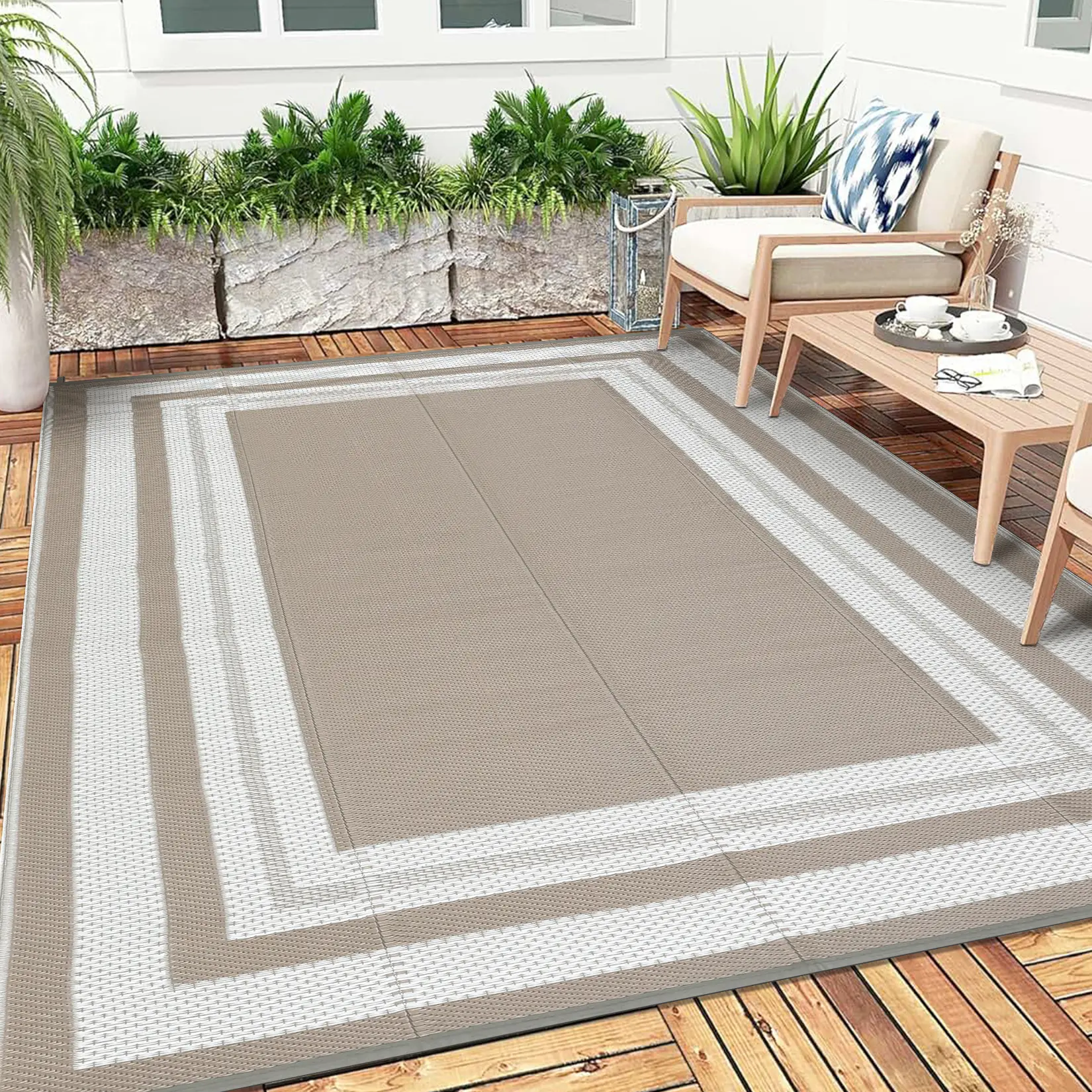 Outdoor Rug, 320GSM PP Tube Woven Patio Carpet, Modern Border Design Grey & White Plastic Woven Floor Mat for Deck Porch Balcony Camping