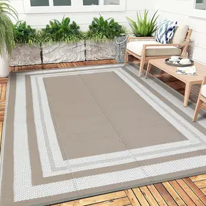 Outdoor Rug, 320GSM PP Tube Woven Patio Carpet, Modern Border Design Grey & White Plastic Woven Floor Mat for Deck Porch Balcony Camping