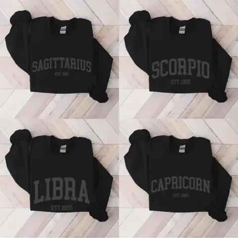 (Leave A Note or DM to Shop) (Ver 2) Custom Zodiac Sweatshirt – Black Color, Custom Year-Est Your Year Astrology Pullover, Cute Horoscope Energy Gift, Unisex Crewneck Sweatshirt, Birthday Zodiac Sign Outfit
