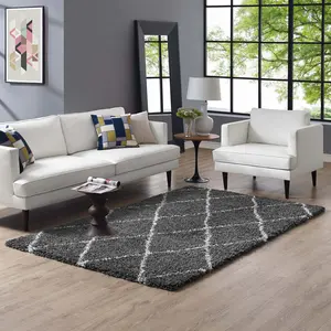 Modway Toryn Diamond Lattice 5x8 Shag Area Rug in Dark Gray and Ivory