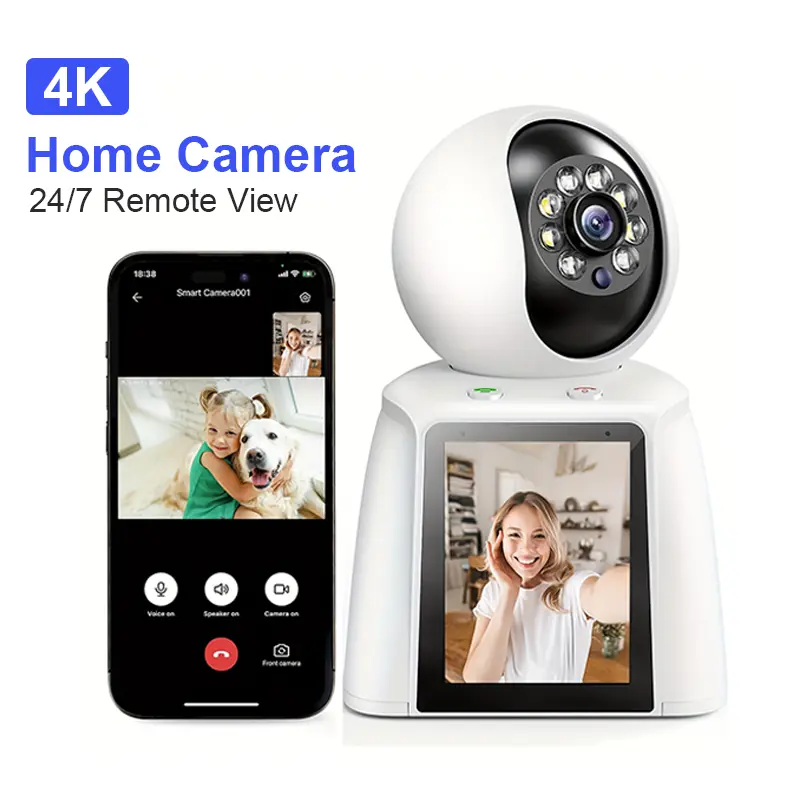 4K Indoor Home Security Camera with 2.8" Screen, 360° Auto Tracking Tripod, 2-Way Audio, AI Siren, Night Vision, Motion Sensor, Wi-Fi, App Remote for Baby Safety, Smart Home Gadgets