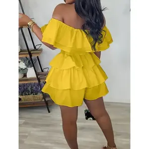 [Elegant Off Shoulder Romper] Elegant Off Shoulder Romper - Solid Ruffle Layer Short Sleeve Waist Jumpsuit - Women's Clothing
