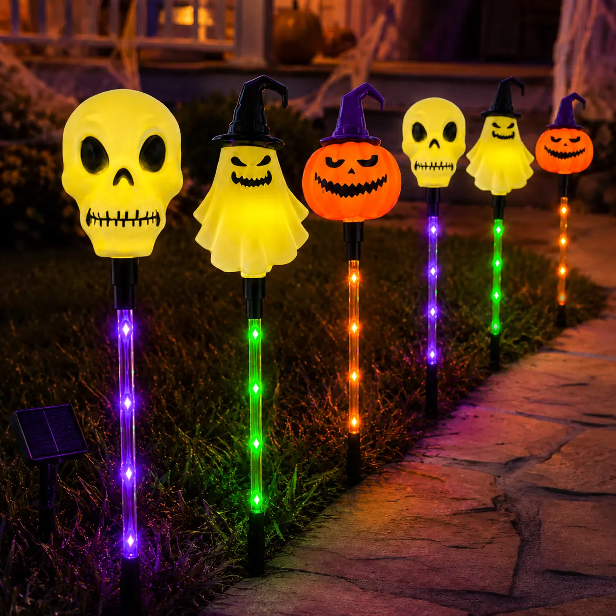 Set of 6 Halloween Solar Path Lights: Outdoor Skeleton, Ghost, and Pumpkin Garden Standing Lights with 8 Lighting Modes, IP65 Waterproof, for Home Decor; Suitable for Lawns, Sidewalks, and Halloween Decorations