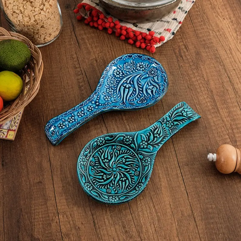 Spoon Rest Set of 2 - Ceramic Spoon Holder for Stovetop & Kitchen Counter - Dishwasher Safe Handmade Kitchen Utensil (4.5" W x 9" L)