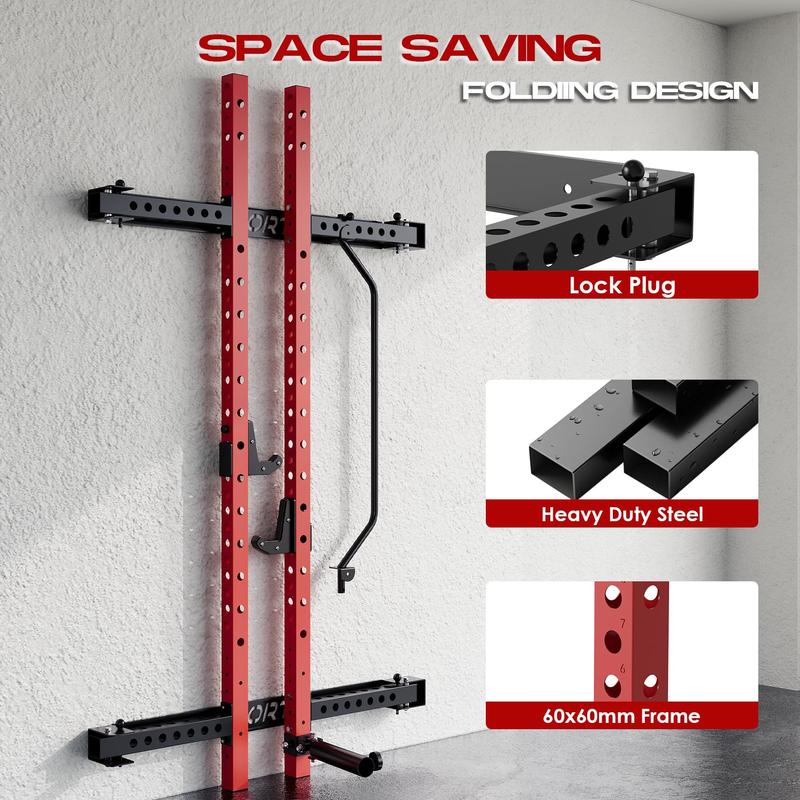 GARVEE Folding Squat Rack with 1000LBS Capacity, Wall Mounted Design, Includes Pull Up Bar, J Hook, and Landmine Attachment for Versatile Home Gym Workouts and Space-Saving Solutions.