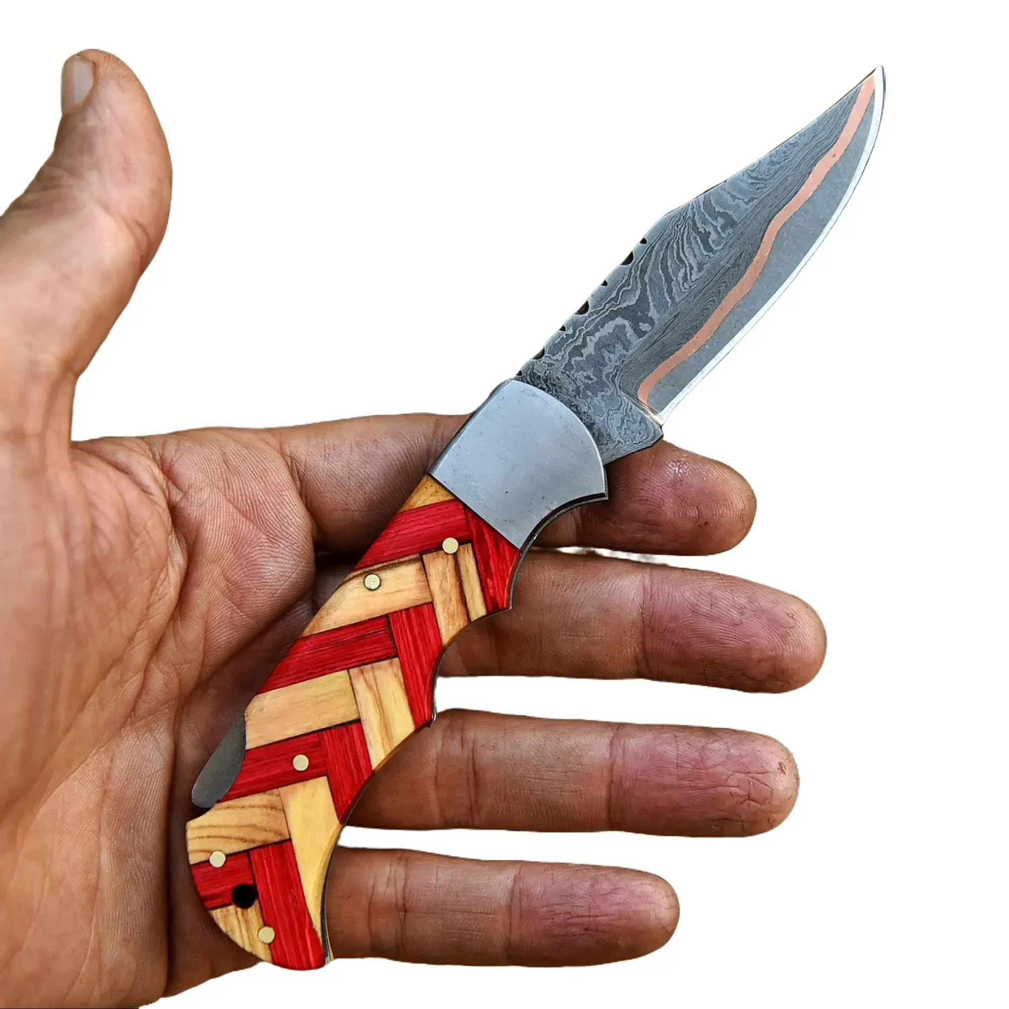 Hand Forged Copper Damascus Steel Folding Blade Pocket Knife Rare Blade Limited Addition