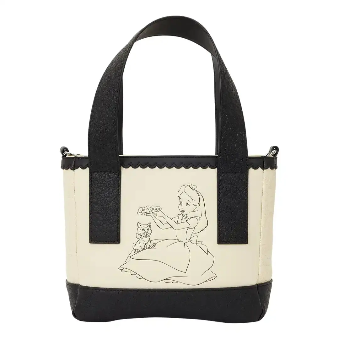 Loungefly Women's Disney Alice in Wonderland Faux Leather Casual Mini Tote Crossbody Bag - Basic, Lightweight, Debossed, Graphic Print, Zipper, Adjustable Strap, Messenger Bag