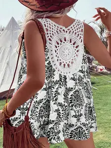 Plus Size Women's Backless Hollow Out Sleeveless Bohemian Print Top, Lightweight Breathable Fabric, Perfect for Vacation, Elegant Fitted Design