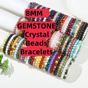 8MM Bracelet Varied Kinds Natural Crystal Bracelets 7.5 Inches Natural Crystal Beaded Bracelets , Elastic String Bracelet Handmade Men Women Stretchy Bracelet , Gemstone Wrist Bracelets Round Beads Bracelet For Gift