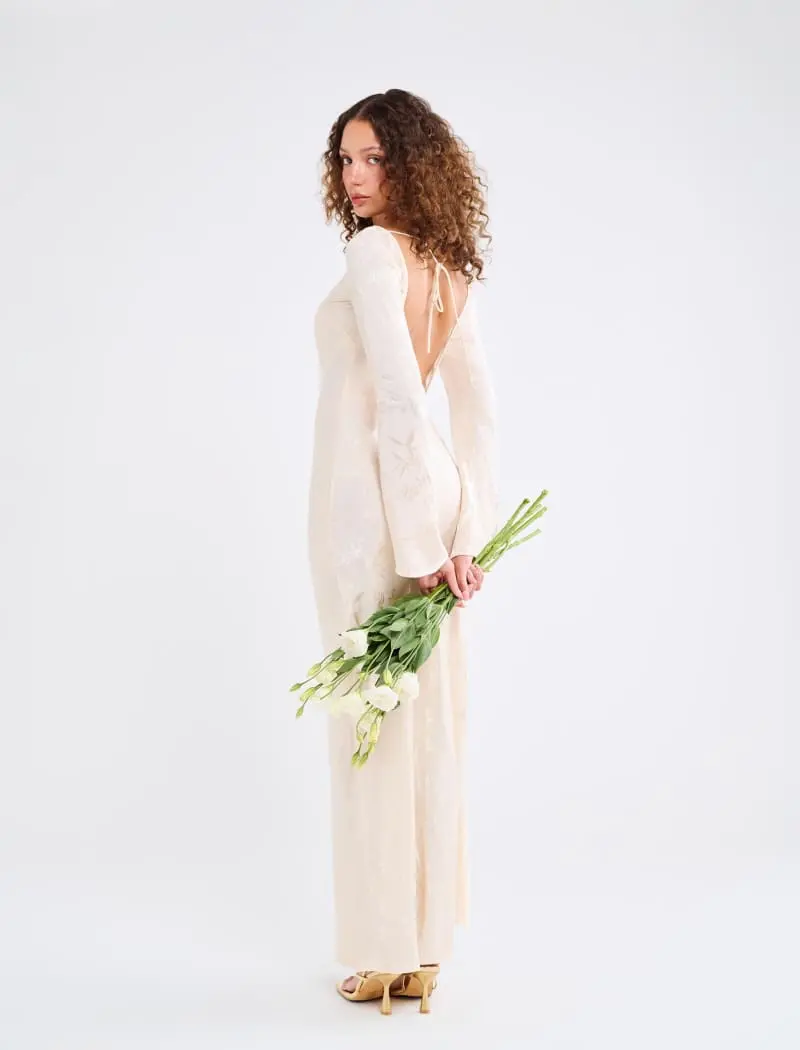 fit flare dress long sleeve Authentic Cream Crewneck Long Sleeve Fit and Flare Dress main image 1
