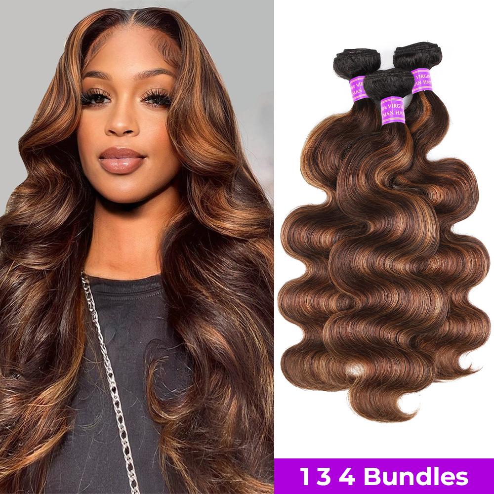 FB 30 Brown Highlight Human Hair Bundles P4 27 Highlight Body Wave Bundles Ombre Colored Remy Human Hair Extentions For Women Curly Hair Extensions Sew In Hair #Summervibes