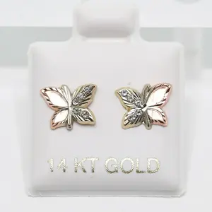 14K Gold 3 Tone Butterfly Stud Earrings with CZ on Wings - Ball Stud perfect for Women or Children