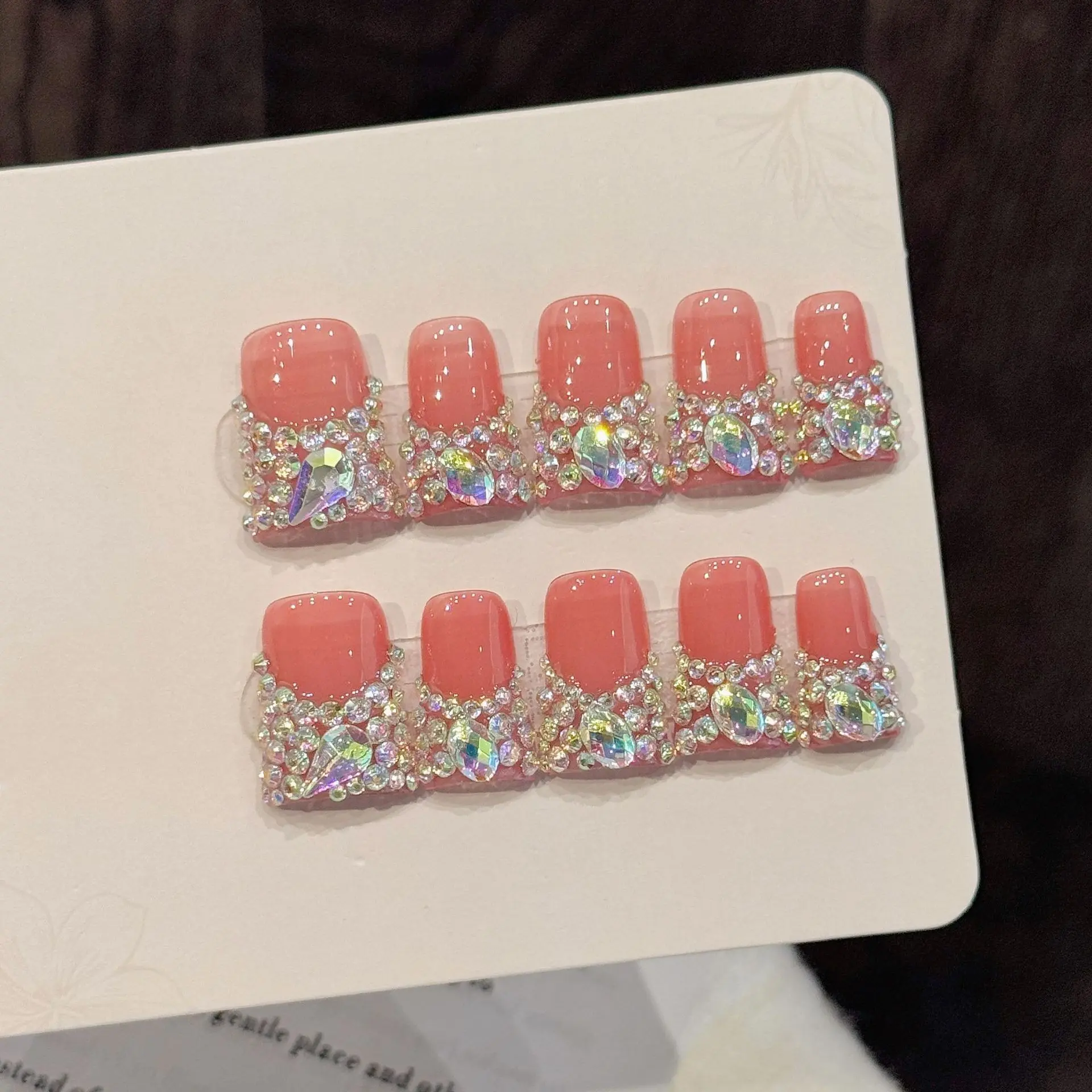 10pcs Handmade Press ons Duckbill Nails, Elegant Rhinestone False Nails, Nail Art Supply, Glossy Finish, Perfect for Women, Single Item Pack