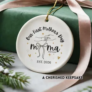 [PLS NOTE CUSTOM] First Mothers Day Ornament Ceramic Mama Est Christmas Keepsake Gift for Mom