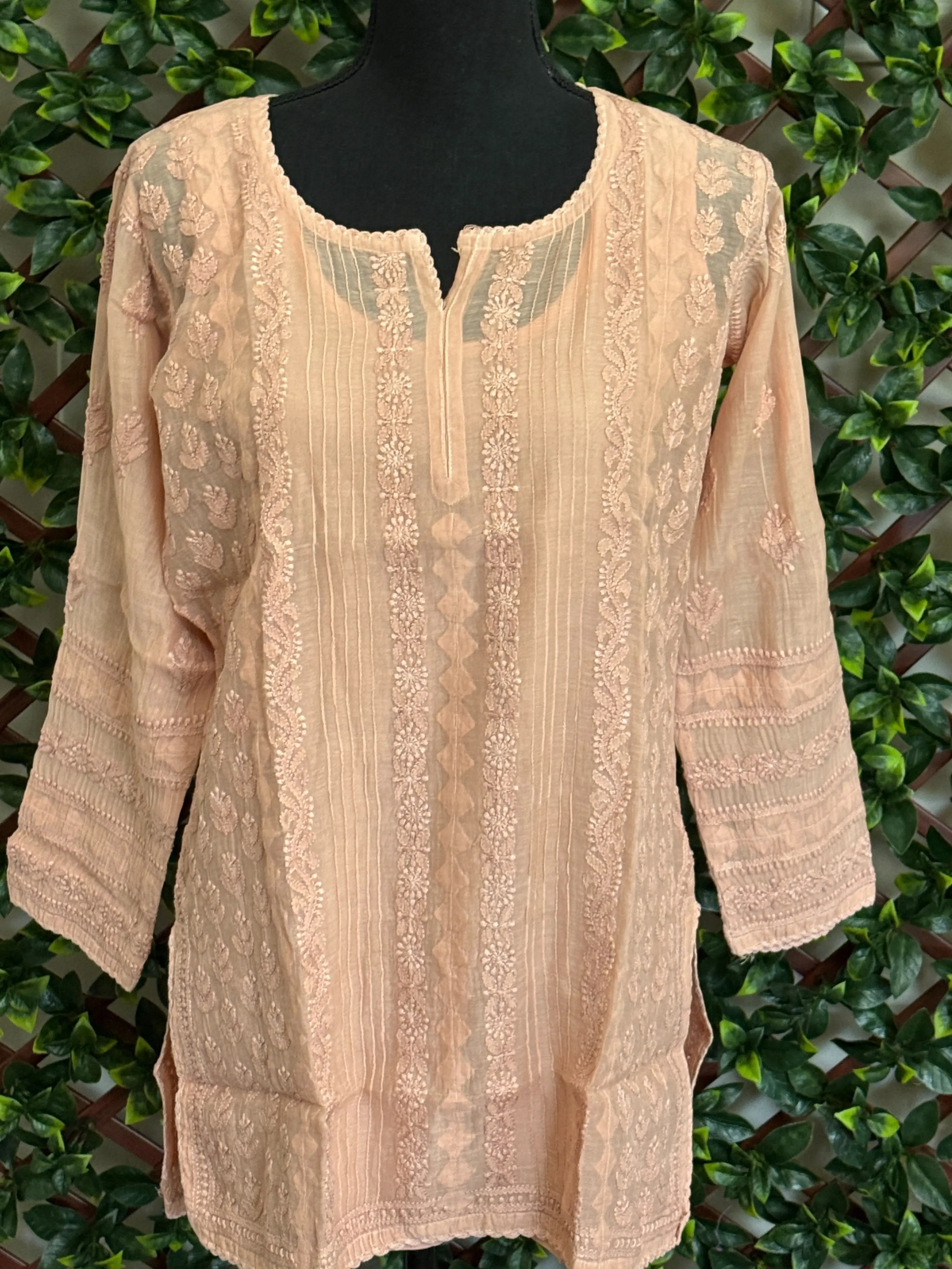 Hand Embroidered Tan Tunic Blouse on Mul Chanderi  / Chikankari Hand Embroidery from India