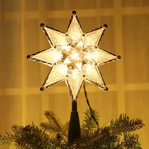 Christmas Tree Topper, 8" Lighted Double-Sided  Treetop, 8-Point Xmas Tree Topper with 10 Warm Lights, 120V UL Certified for Christmas Ornament Party  Decor