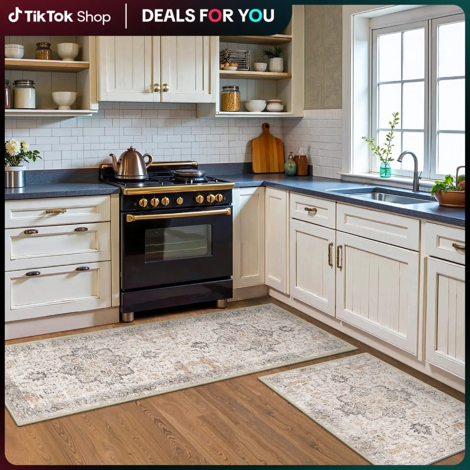 【Deals for You Days】GENIMO Lightweight Kitchen Mats for Floor Thickness 0.16 inch Washable Kitchen Rugs Sets of 2, Floral Kitchen Runner Rugs Waterpro