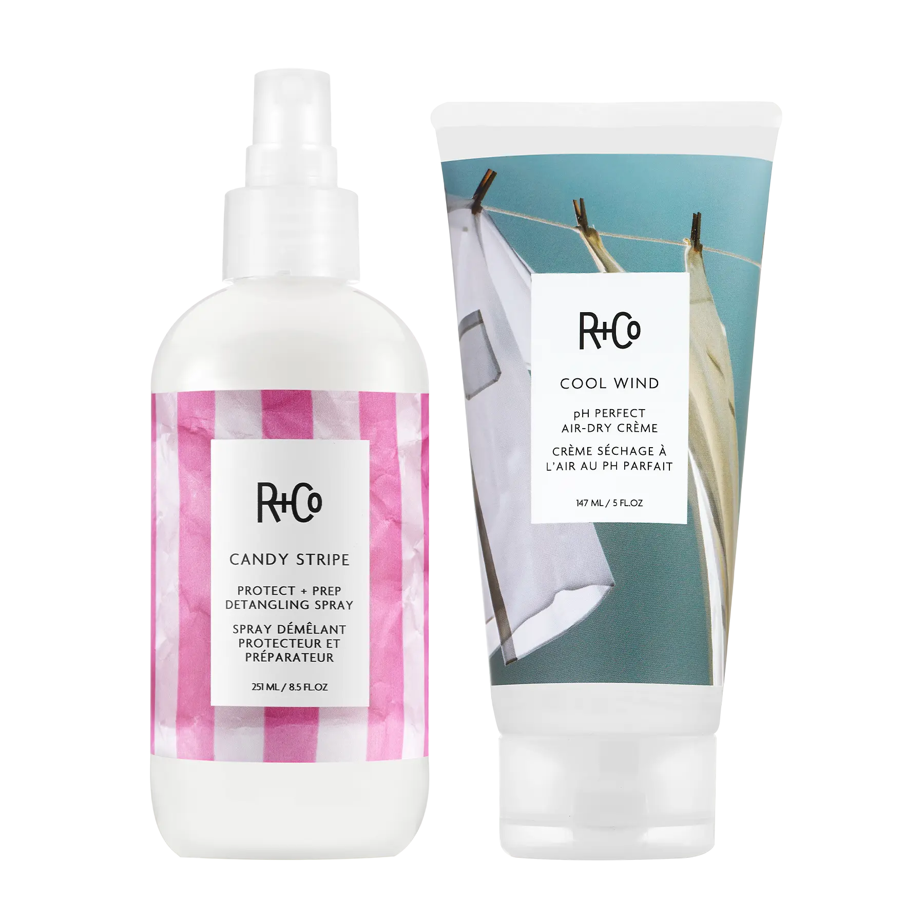 R+Co Prep + Style Bundle - Candy Stripe Detangling Spray & Cool Wind Air-Dry Crème for Soft Shape and Perfect Air-Dry