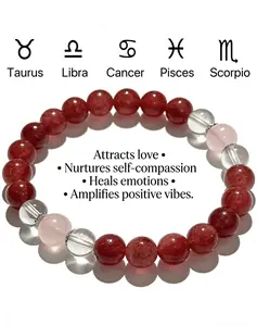 Love & Self-Love Crystal Bracelet – Strawberry Quartz, Rose Quartz & Clear Quartz|One-of-a-Kind Love & Joy Bracelet for Taurus, Libra, Cancer, Pisces, Scorpio