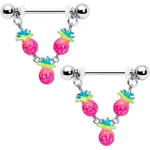 14 Gauge 9/16 Hot Tropical Pineapple Dangle Barbell Nipple Ring Set