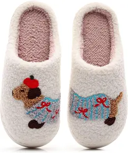 Cute Cartoon Dog Embroidery Winter Slippers for Women Men Plush Comfy Retro Dachshund Corgi Pug Dog Cat Memory Foam Slip On House Shoes with Thick Fleece Lining Non-Slip Soles