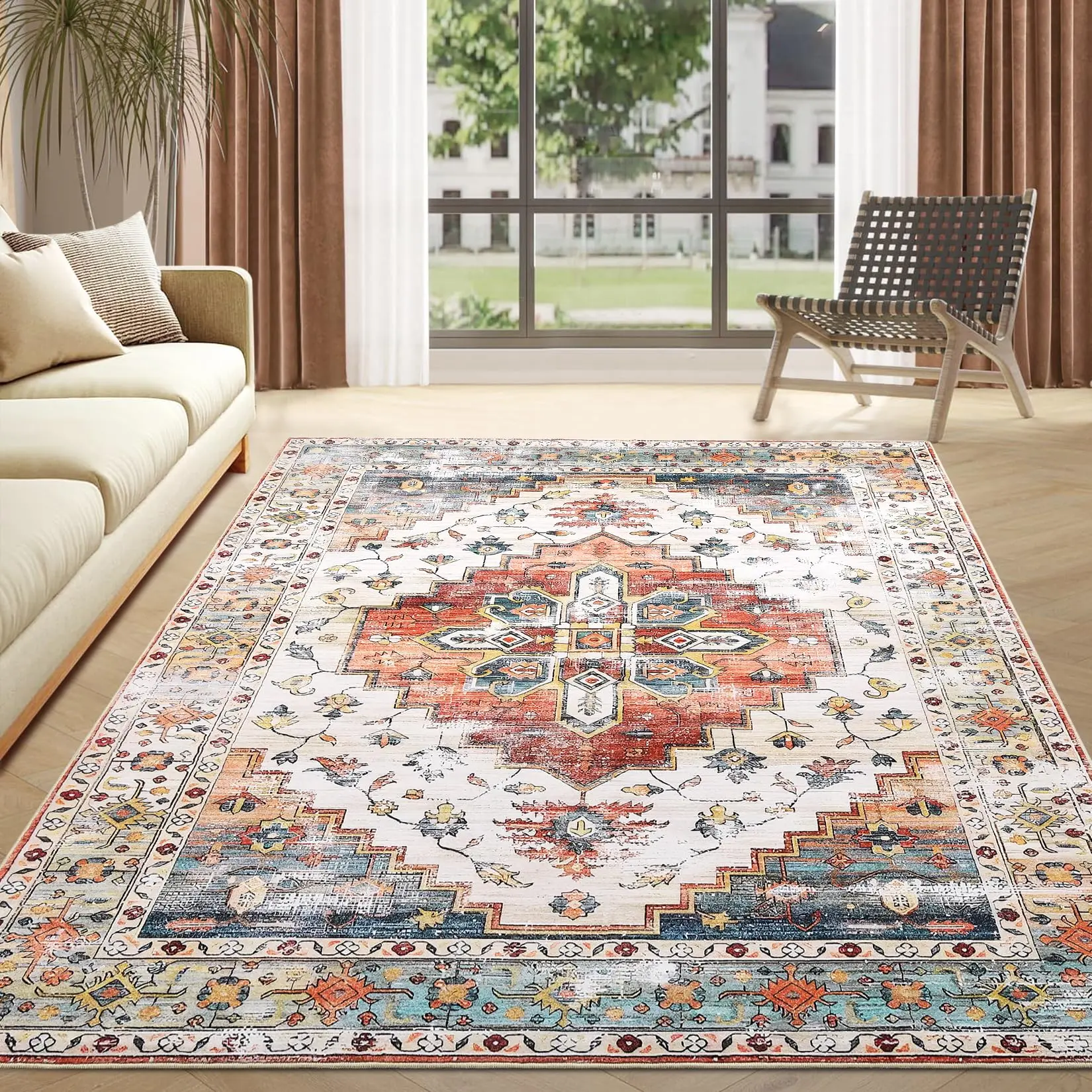 【GARVEE】Area Rug 4x6 Washable Rug Boho Rugs for Bedroom Living Room Rugs Non Slip Low Pile Carpet Vintage Distressed Indoor Floor Cover Print Carpet