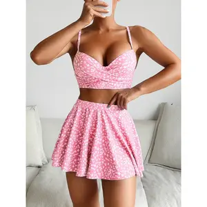 European and American New Floral Print Hard Cup Underwire Push-Up Cross-Strap Skirt 3pcs Bikini Swimsuit for Beach, Seaside, Leisure, Vacation, and Hot Spring