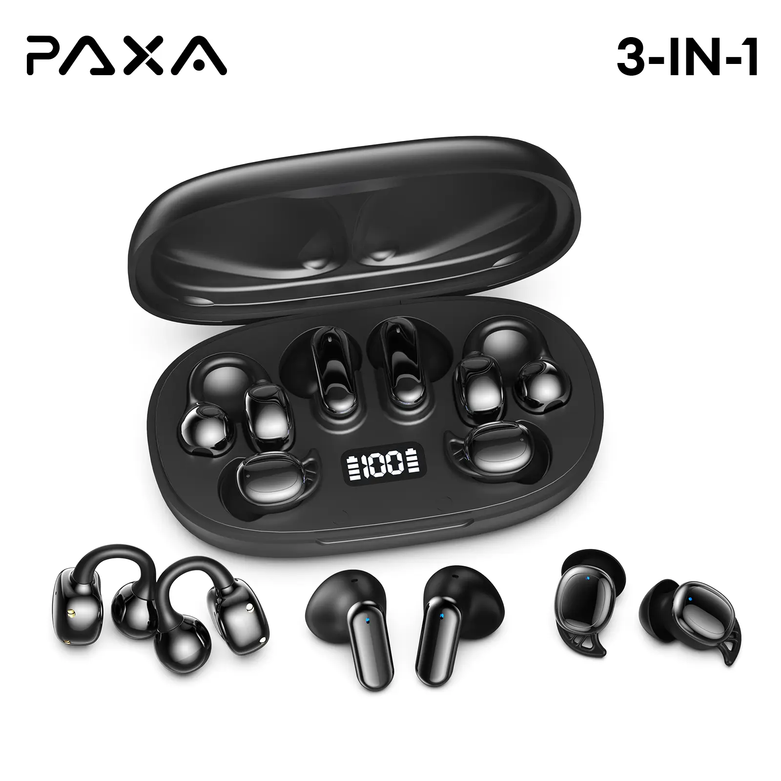 PAXA JC680 3-in-1 Wireless Earbuds with Bluetooth 6.0, Includes In-Ear, Clip-On & Sleep Earbuds, Smart LED Display Charging Case, Hi-Fi Stereo Sound, Comfortable Fit for Sports, Sleep & Daily Use, Compatible with Android & iOS