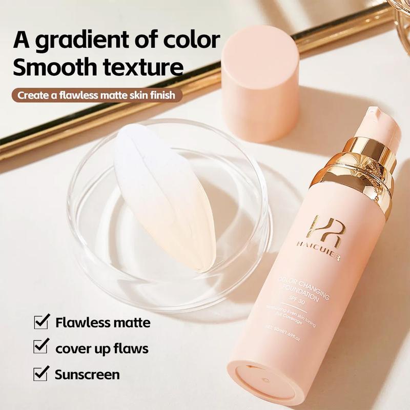 Color‑changing sunscreen foundation; matte, waterproof finish; lightweight, smooth texture; buildable coverage for contouring and concealing imperfections; warm‑toned color‑changing foundation that brightens the complexion; long‑lasting wear; can cover da