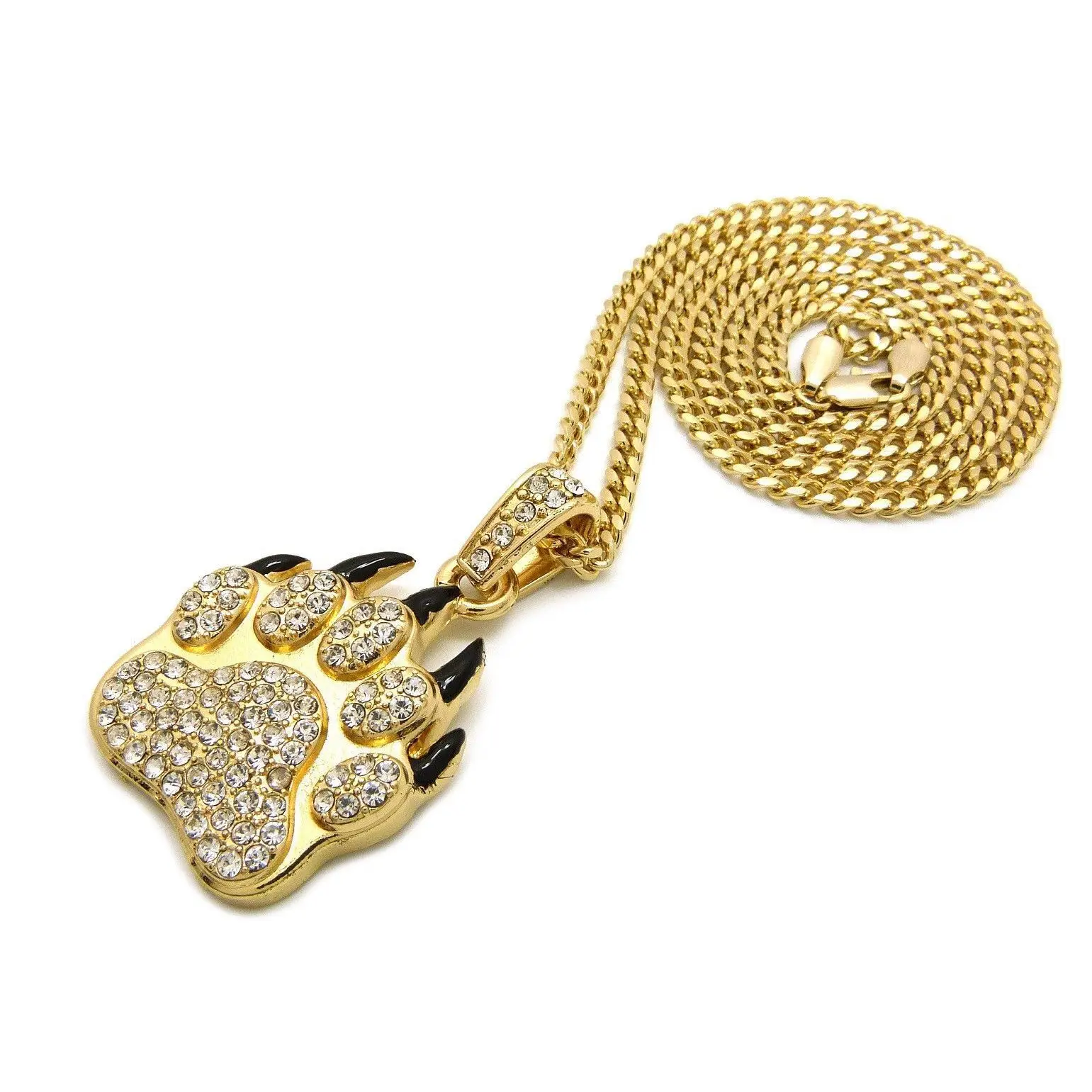 GRIZZLY BEAR PAW Iced Cubic Zirconia Religious Pendant & 4mm 18" 20" 24" Brass Cuban Chain Hip Hop Style Necklace Jewelry, Cuban Chunky Chain, Gold Statement Chain