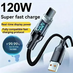 Ultra-Fast Charging USB a to Type-C Data Cable with LED Display, Matte Surface, Data Sync, 6a Current, Super Fast Charging, for iPhone 15/16, Poco Devices