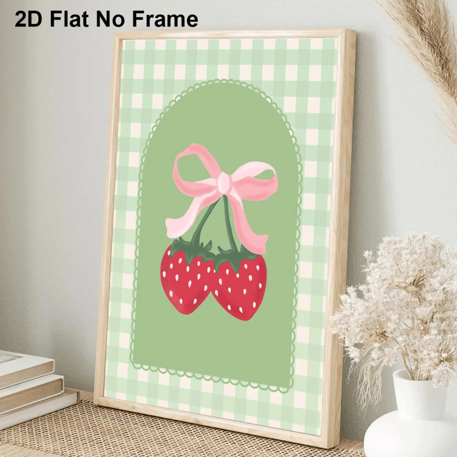 2D Flat Frameless Wall Arts Red Strawberries Pink Bow Vintage Gingham Fruit Art Print Bedroom Living Room Kitchen Hallway Decor Modern Home