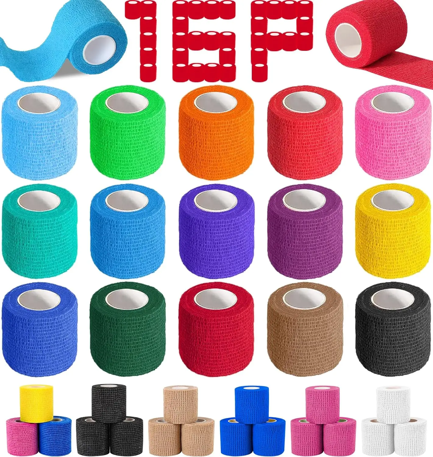 16-Pack Self-Adhesive Elastic Cohesive Bandage Wraps, 2"x5yd Stretch Compression Tapes for Ankle Sprains, Wound Care, Athletic Use, Tear-Resistant Vet-Applicable Versatile Sports Supplies