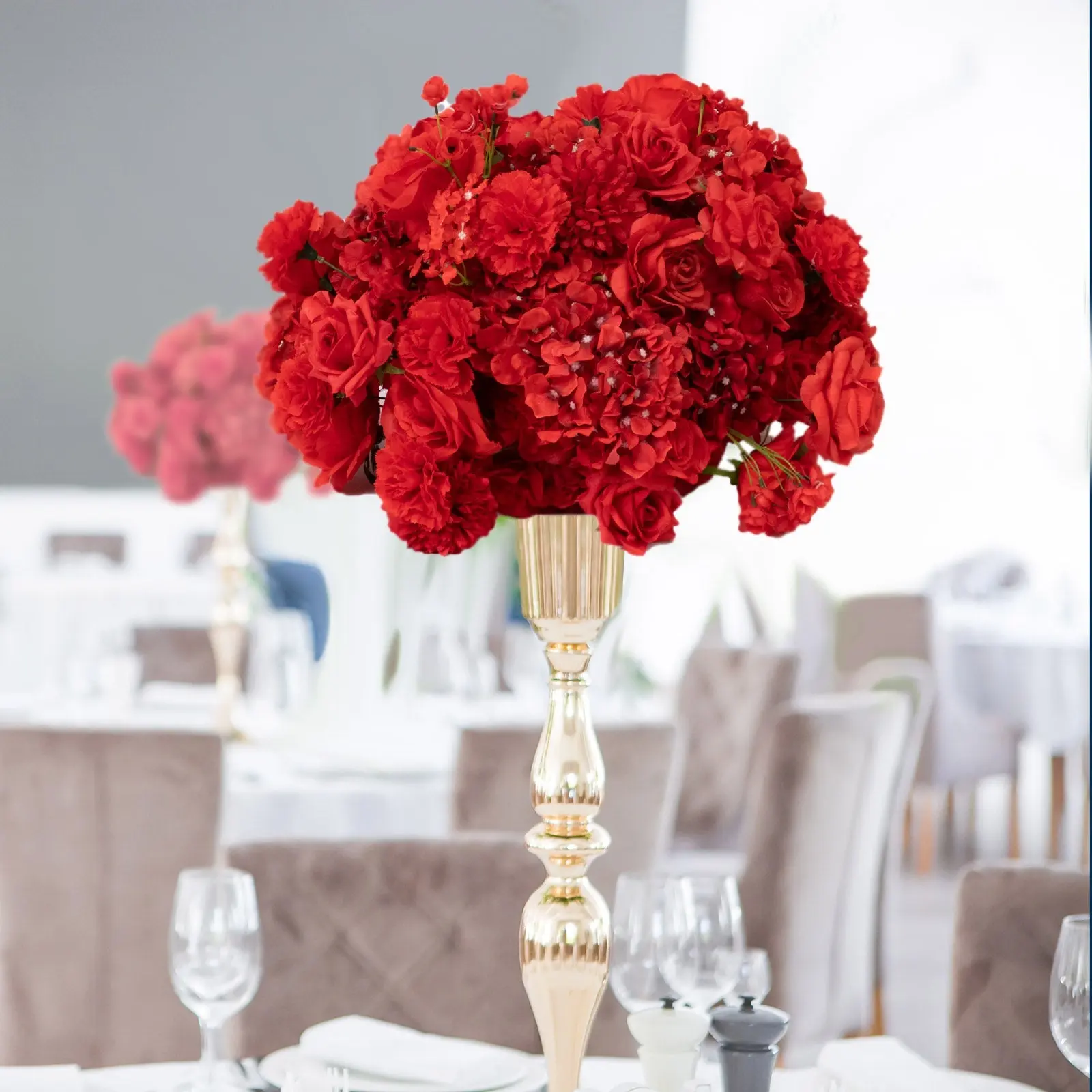 22-Inch Red Silk Flower Grand Centerpiece - Pre-Arranged Faux Rose, Hydrangea & Chrysanthemum Ball, Dining Table Centerpiece, Floral Decor for Wedding, Baby Shower, Birthday & Anniversary Events, Decoration