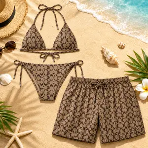 Signature Swim Coa Brown Matching Couple Swimwear Set 2026, Viral Couple Bikini & Men’s Shorts, Beach Vacation Gift for Him Her