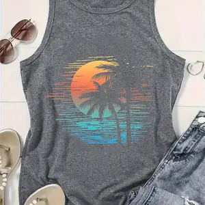 Plus Size Women's Summer Palm Tree Letter Print Sleeveless Top Graphic Vacation Women Tops,tank top women,women's summer tops
